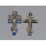TWO SMALL CROSSES IN BRONZE, RUSSIA, 19TH CENTURY chiseled with a figure of Christ, the Apostles and
