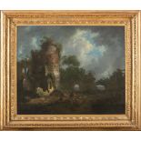 FRENCH PAINTER , SECOND HALF CENTURY XVIII LANDSCAPE WITH TOWER AND WAYFARERS Oil on canvas, cm.