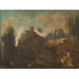 ROMAN PAINTER , 18TH CENTURY RIVER LANDSCAPE WITH FORTRESS Oil on canvas, cm. 36.5 x 49 Golden frame