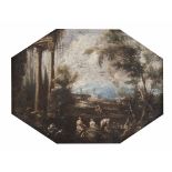 FOLLOWER OF ALESSANDRO MAGNASCO, 18TH CENTURY LANDSCAPE WITH RUINS AND WOMEN AT A RIVER Oil on