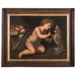 ANTON MARIA VASSALLO, att. to (Genoa, 17th century ) PUTTO WITH DOG AND STILL LIFE WITH FRUIT Oil on