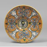 MAJOLICA PLATE, PROBABLY FROM SIENA, EARLY 20TH CENTURY orange and cobalt-blue enamelled, with an