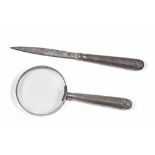 MAGNIFYING GLASS AND PAPER KNIFE, LONDON HALLMARK, 1816 embossed silver handles. Paperknife length