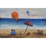 PAINTER OF 20TH CENTURY Beach with hot air balloons, 1992 Oil on cardboard, cm. 20 x 30 Signature '