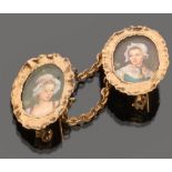 ANTIQUE BROOCH yellow gold 18 kt. with pair of miniatures in oval shape, depicting female portraits.