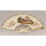 A PAPER AND IVORY FAN, FRANCE, EARLY 19TH CENTURY painted scenes of aristocratic life. Splints