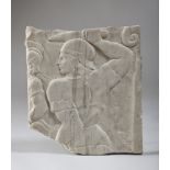 FRAGMENT IN WHITE MARBLE, 17TH CENTURY depicting soldier with unsheathed sword. Size 33 x 29 cm.