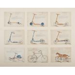 UNKNOWN PAINTER, 20TH CENTURY Velocipedes Nine studies, watercolour pencil on paper, 17 x 23 cm.