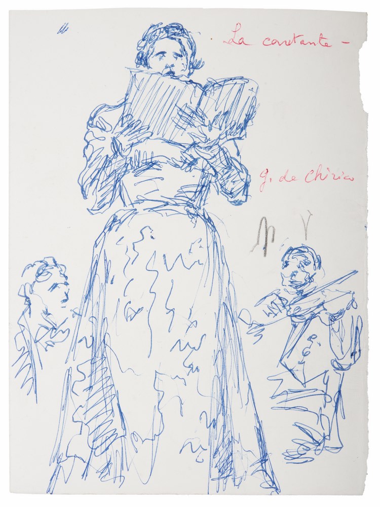 GIORGIO DE CHIRICO (Volos 1888 - Rome 1978) The singer Biro on paper, cm. 14,2 x 10,4 Signed on