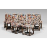 TEN CHAIRS IN OAK, PROBABLY FRANCE, ANTIQUE ELEMENTS

Fine upholstery in velvet with birds. 

Size