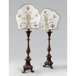 FINE PAIR OF CANDLE HOLDERS IN CARVED WOOD, NORTHERN ITALY 18TH CENTURY

Satin lampshades,