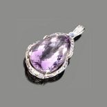 FINE PENDANT amethyst with mount in white gold 18 kt. Size cm. 6 x 3,5, amethyst ct. 60 ca,