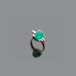 RING in white gold 18 kt. with central chrysoprase and lateral diamonds. Diamonds ct. 0.20, total