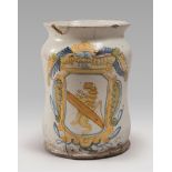 LARGE DRUG JAR IN MAIOLICA, EASTERN SICILY MID 18TH CENTURY

white enamel and polychrome with