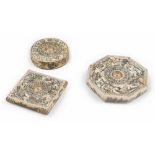 THREE COMPASSES IN ENGRAVED BONE, CHINA, 20TH CENTURY decorated with signs of the zodiac and