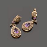 PAIR OF EARRINGS in gold 14 kt. and silver, teardrop pendants in amethist quartz and rose cut