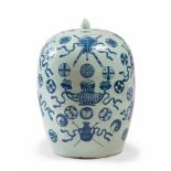 VASE IN PORCELAIN WITH CELADON BASE, CHINA, 19TH CENTURY decorated in cobalt blue with