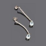 PAIR OF EARRINGS in white gold 18 kt., rows of diamonds and teardrop aquamarine. Length cm. 5,