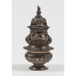 INCENSE BURNER IN SILVER PLATE, 18TH CENTURY

in two sections, pierced.

h. cm. 30.