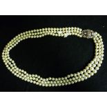 NECKLACE degradè cultivated pearls in three strings, with oval clasp in gold 18 kt. With antique cut