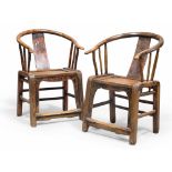 PAIR OF ARMCHAIRS IN TEAK, CHINA 19TH CENTURY curved backrest, engraved equestrian figure.