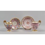 TWO CUPS IN PORCELAIN, EARLY 19TH CENTURY

with saucers, pink glazing and gold. Highlighting in