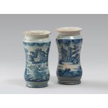 TWO SMALL ALBARELLOS, NAPLES LATE 19TH CENTURY

white and blue glazing, with drapings over view of