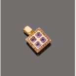 FINE PENDANT

yellow gold 18 kt., rectagular shape studded with amethysts.

Size cm. 2 x 2,5,