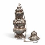 THURIBLE IN SILVER, PROBABLY NAPLES 18TH CENTURY

embossed with crests and architectural motifs.