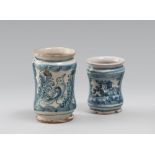 TWO SMALL ALBARELLOS IN MAJOLICA, NAPLES LATE 18TH CENTURY

white and blue glazing, with birds and