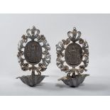 PAIR OF SMALL HOLY WATER FONTS, IN SILVER PLATE, LATE 18TH CENTURY

with central oval basrelief.