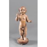 FIGURE OF PUTTO IN LACQUERED WOOD, PROBABLY NAPLES 19TH CENTURY

polychrome, standing, glass