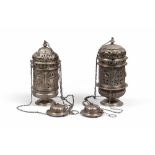 PAIR OF THURIBLES IN SILVER, PROBABLY NAPLES 18TH CENTURY

embossed, coat of arms and mithological