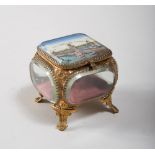 JEWELRY BOX, FRANCE EARLY 20TH CENTURY

lid decorated as souvenir of Paris. Finishes in gilt metal.