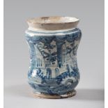 DRUG JAR IN MAJOLICA, OFFICINA CAMPANA 18TH CENTURY

white and blue glazing, with figure of castle.