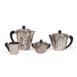 TEA AND COFFEE SERVICE IN SILVER, FOURTIEShandles in carob wood. Service composed of teapot,