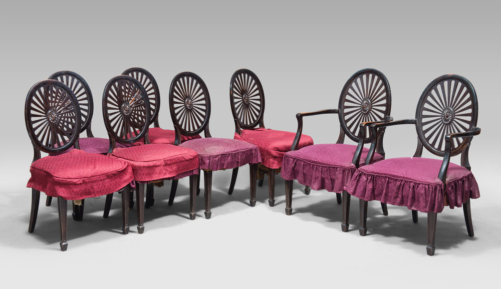 TWO ARM CHAIRS AND SIX SIDE CHAIRS IN EBONY, ENGLAND EARLY 20TH CENTURY

Victorian style, with