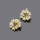 FINE PAIR OF EARRINGS

yellow gold 18 kt., flower shaped with set marquise cut diamonds, rubies