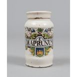 DRUG JAR IN MAJOLICA, CENTRAL ITALY EARLY 20TH CENTURY

lid in white and polychrome glazing,