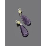 FINE PAIR OF EARRINGS

white gold 18 kt., with opals and pendants with amethyst. 

Length cm. 6,