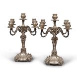 PAIR OF CANDLEHOLDERS IN SILVER, EARLY 20TH CENTURY

five arms. 

Size cm. 40 x 33 x 33. Overall