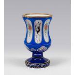 GLASS CUP, PROBABLY BOHEMIA 20TH CENTURY

white and blue base, painted with flowers. 

Size cm. 16,5