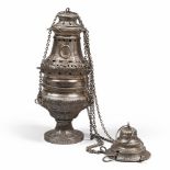 THURIBLE IN SILVER, KINGDOM OF NAPLES 1839/1872

embossed with leaves.

Inscription on base '