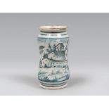 SMALL ALBARELLO, SAVONA EARLY 20TH CENTURY

white and blue glazing, decorated with landscape of