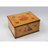 LIBERTY STYLE SMOKE BOX
with fruit wood inlay. Image of lady smoker on lid and figures on the sides.