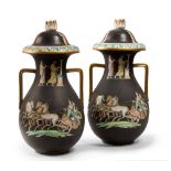 PAIR OF LARGE POTICHES IN CERAMIC, PROBABLY GINORI 1930/40
black glazed base with design of Roman