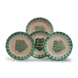 FOUR PLATES IN CERAMIC, MAES VIETRI 1940s
white and gree glazing, pattern with sailboats. 
Brand