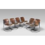 SIX CHAIRS, 1970s
shaft in chrome aluminium and seat in leather. 
Size cm. 80 x 45 x 60.