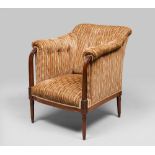 ARMCHAIR IN PEARTREE WOOD, FRANCE PERIOD DECÒ
ribbon armrests. Fine upholstery. 
Size cm. 93 x 79