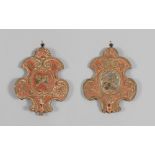 PAIR OF WALL FRIEZES, 18TH CENTURY

in wood lacquered in pink, blue and cream. Carved.  

Size cm.